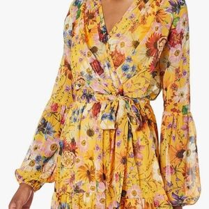 NWT Size 4 Betsy & Adam Short Long Sleeve Lurex Floral Dress Yellow 14